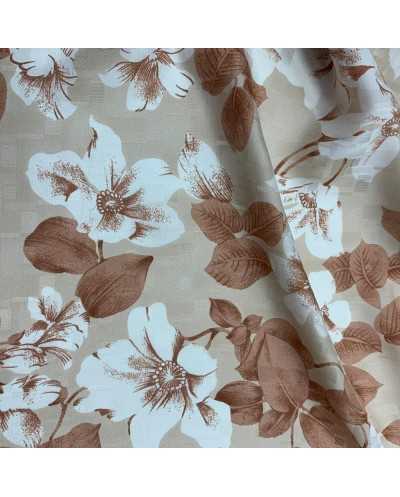 Tessuto Pura Seta Fiori Beige Marrone 50 Cm